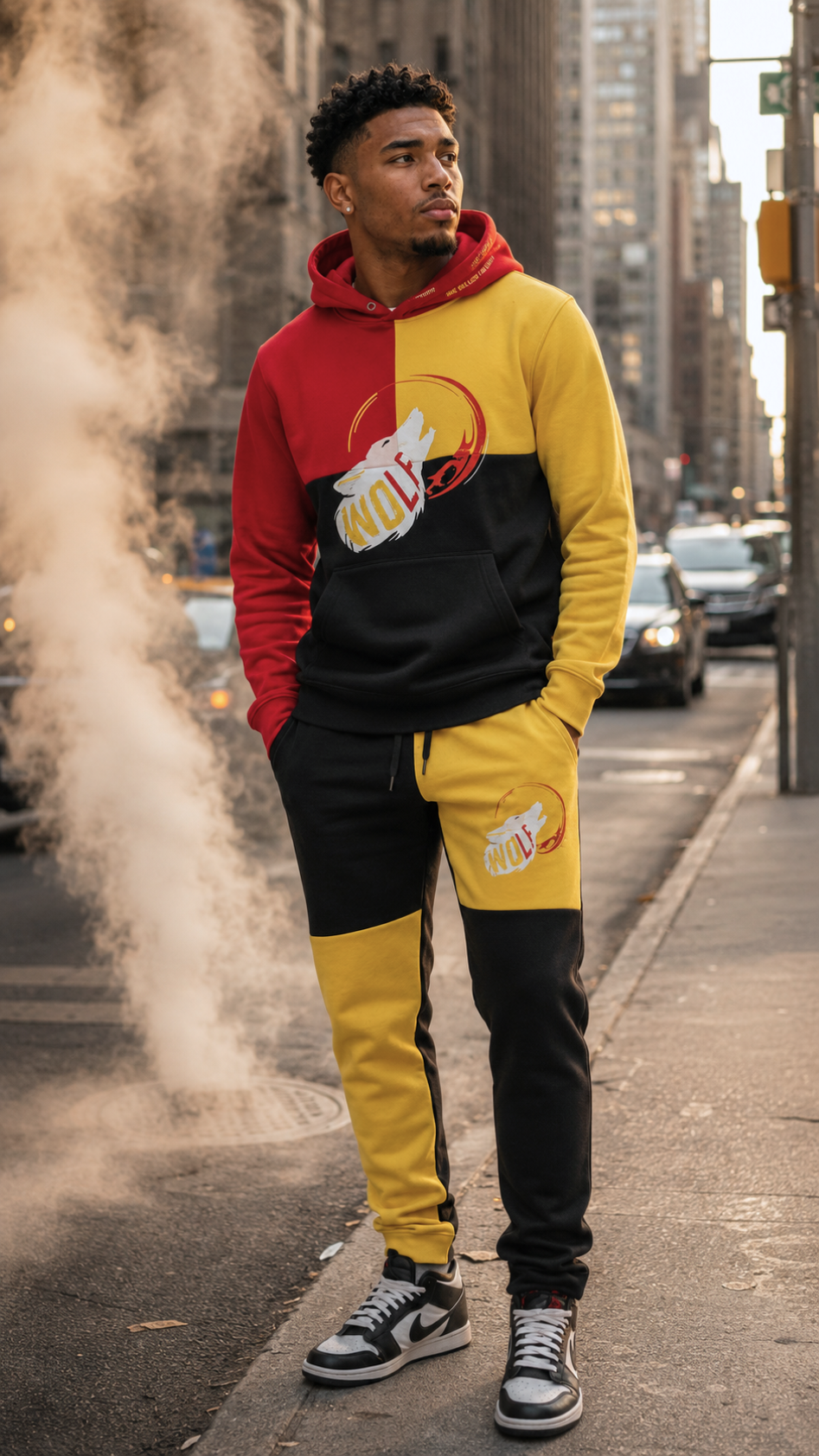Person wearing a colorful tracksuit with a city street background