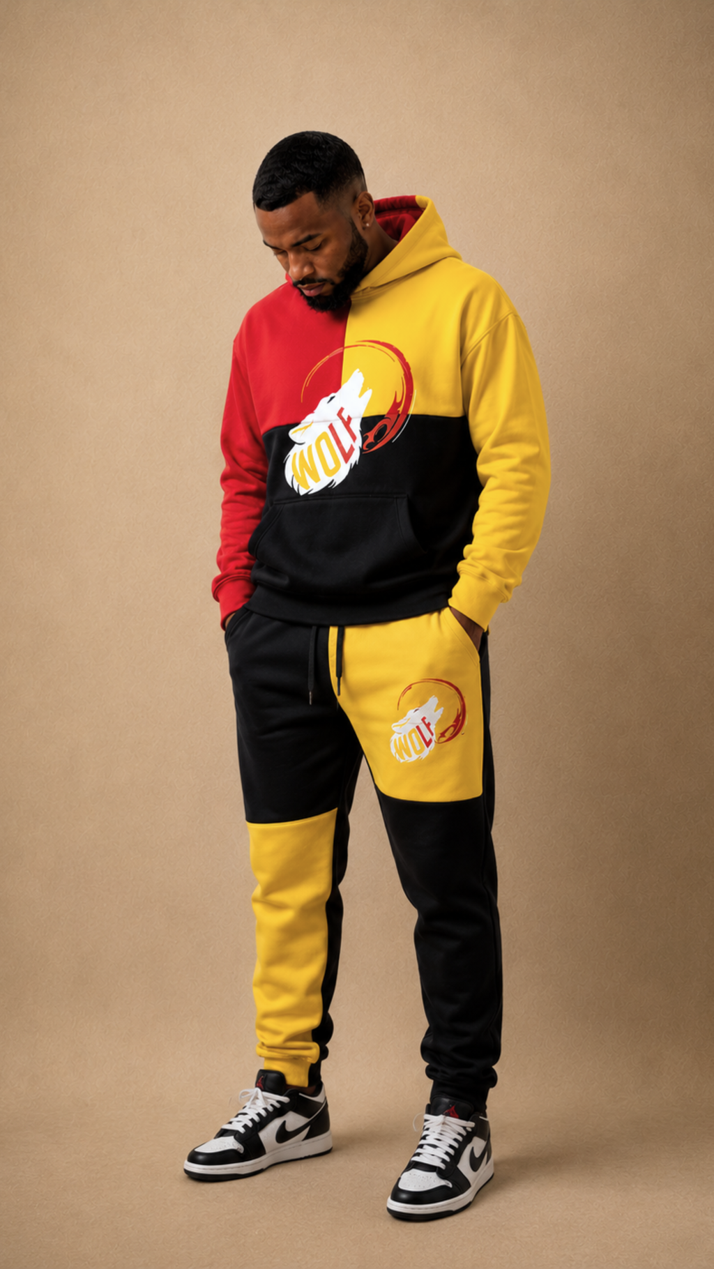 Navy, red, and yellow WOLF Two-Tone Family Signature color-block sweatshirt by Royal Reigns Design.