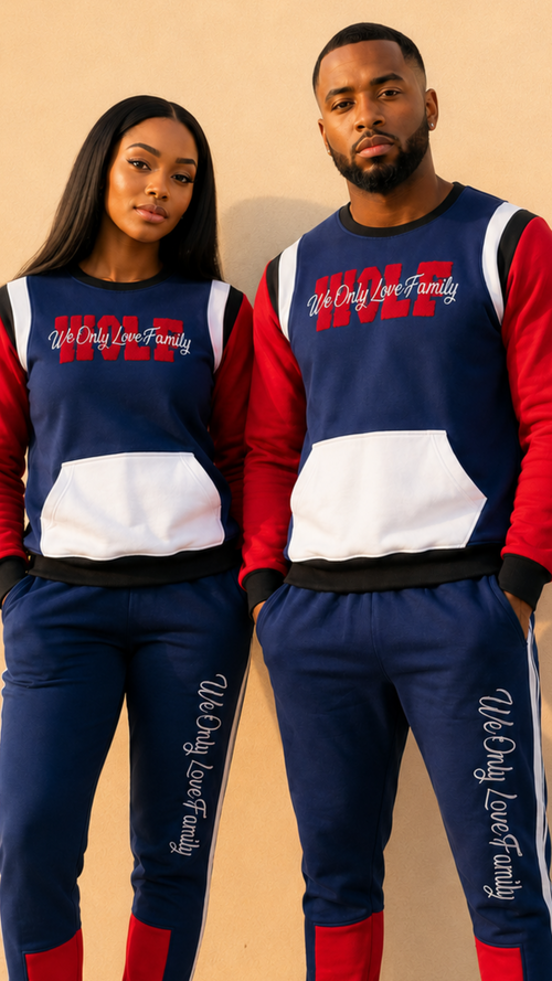 Two people wearing matching red, white, and blue outfits with text on a beige background