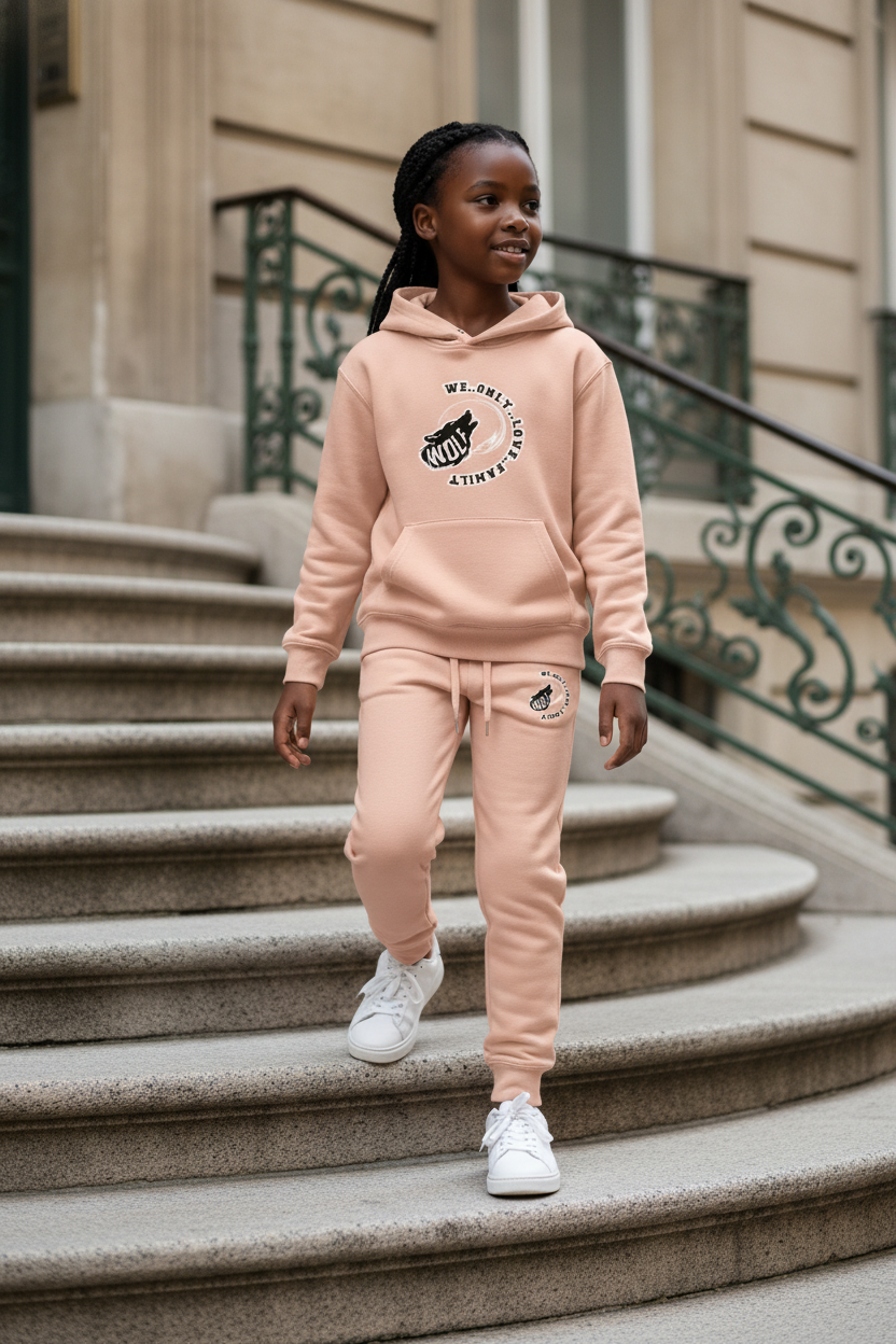 Child model wearing a pink WOLF signature hoodie and sweatpants set on stone steps.