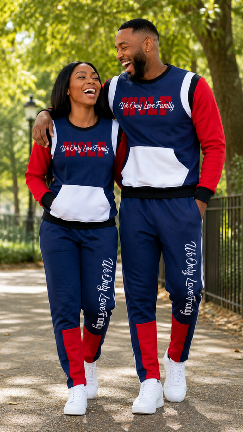 Two people wearing matching navy, red, and white outfits with text, standing outdoors.