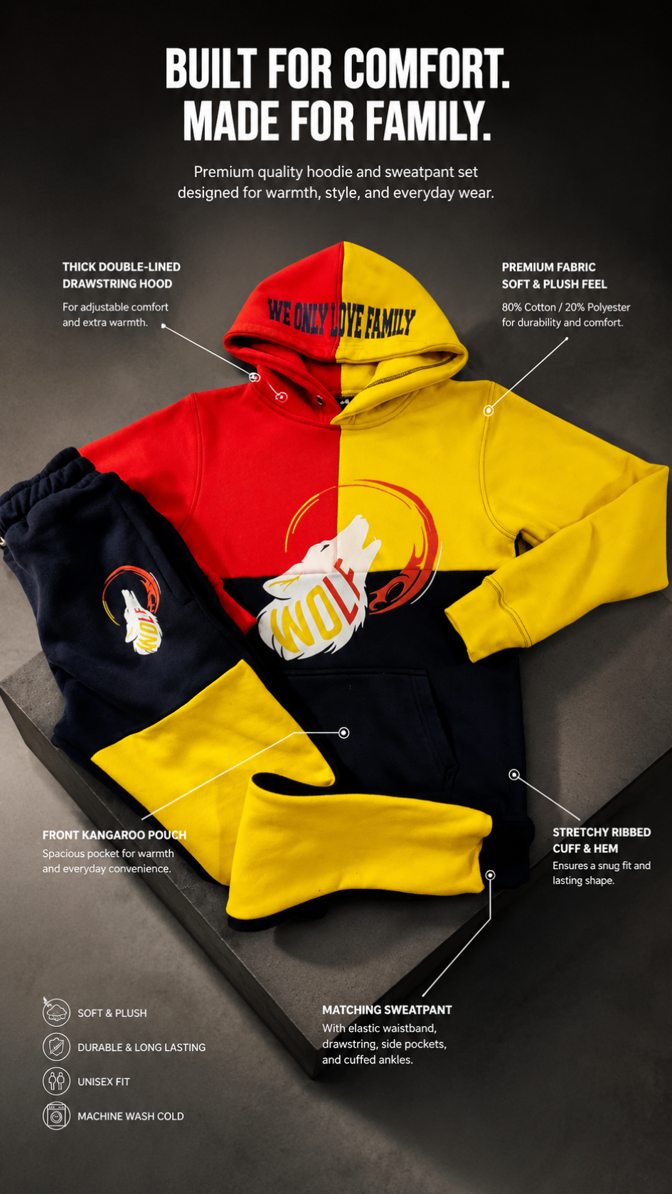 Red, yellow, and black hoodie set with text on a dark background