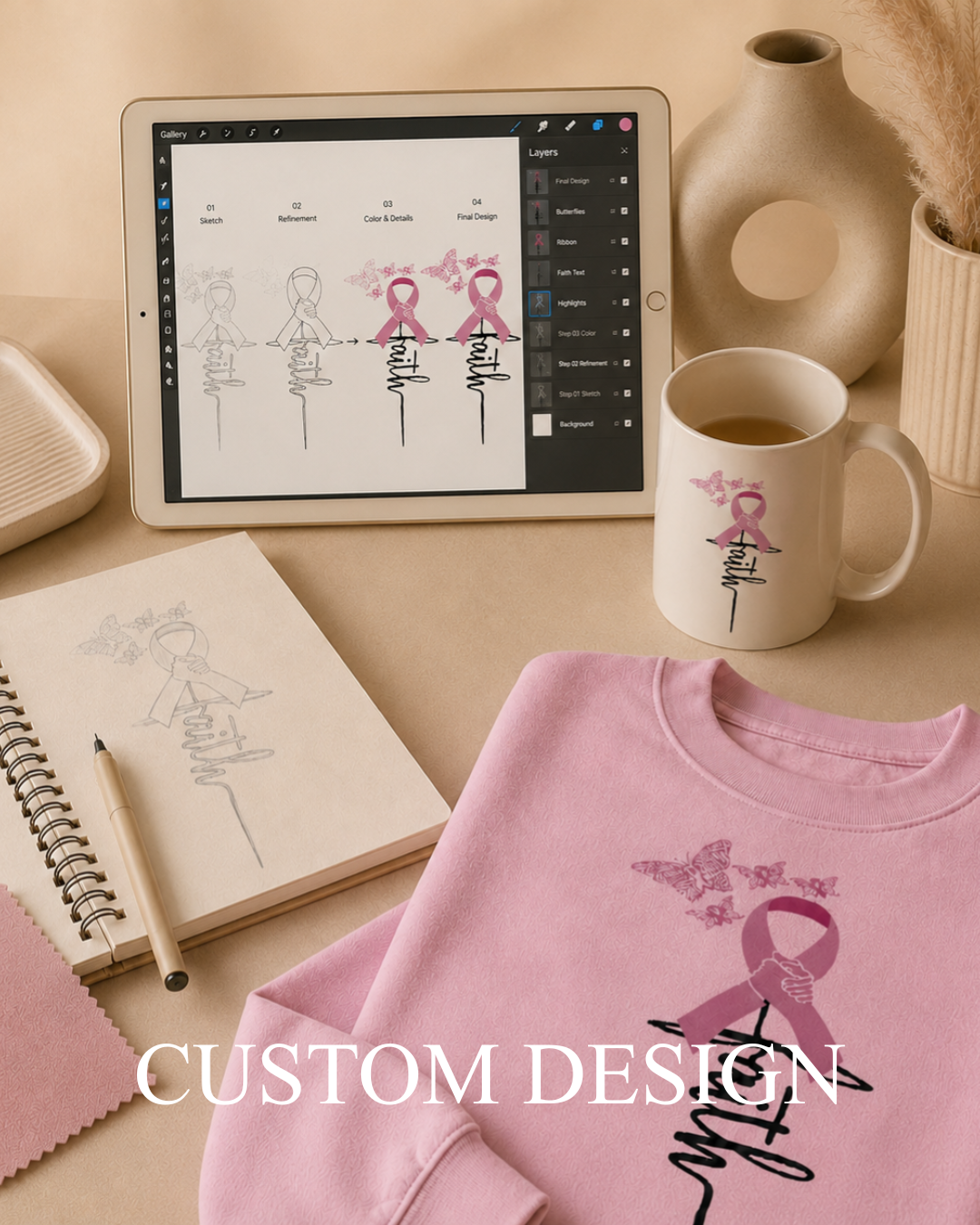 Custom apparel design process featuring digital artwork, branded merchandise, and printed garments by Royal Reigns Design.