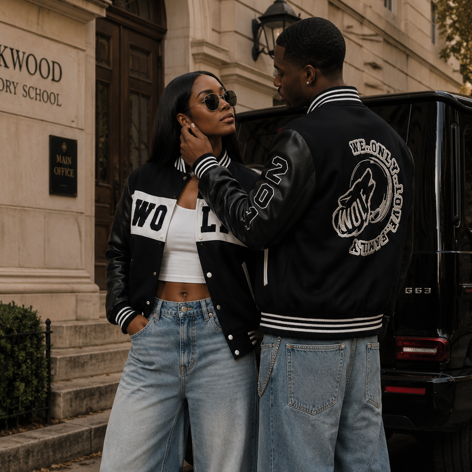 Couple wearing matching black and white varsity jackets from the WOLF Collection by Royal Reigns Design.