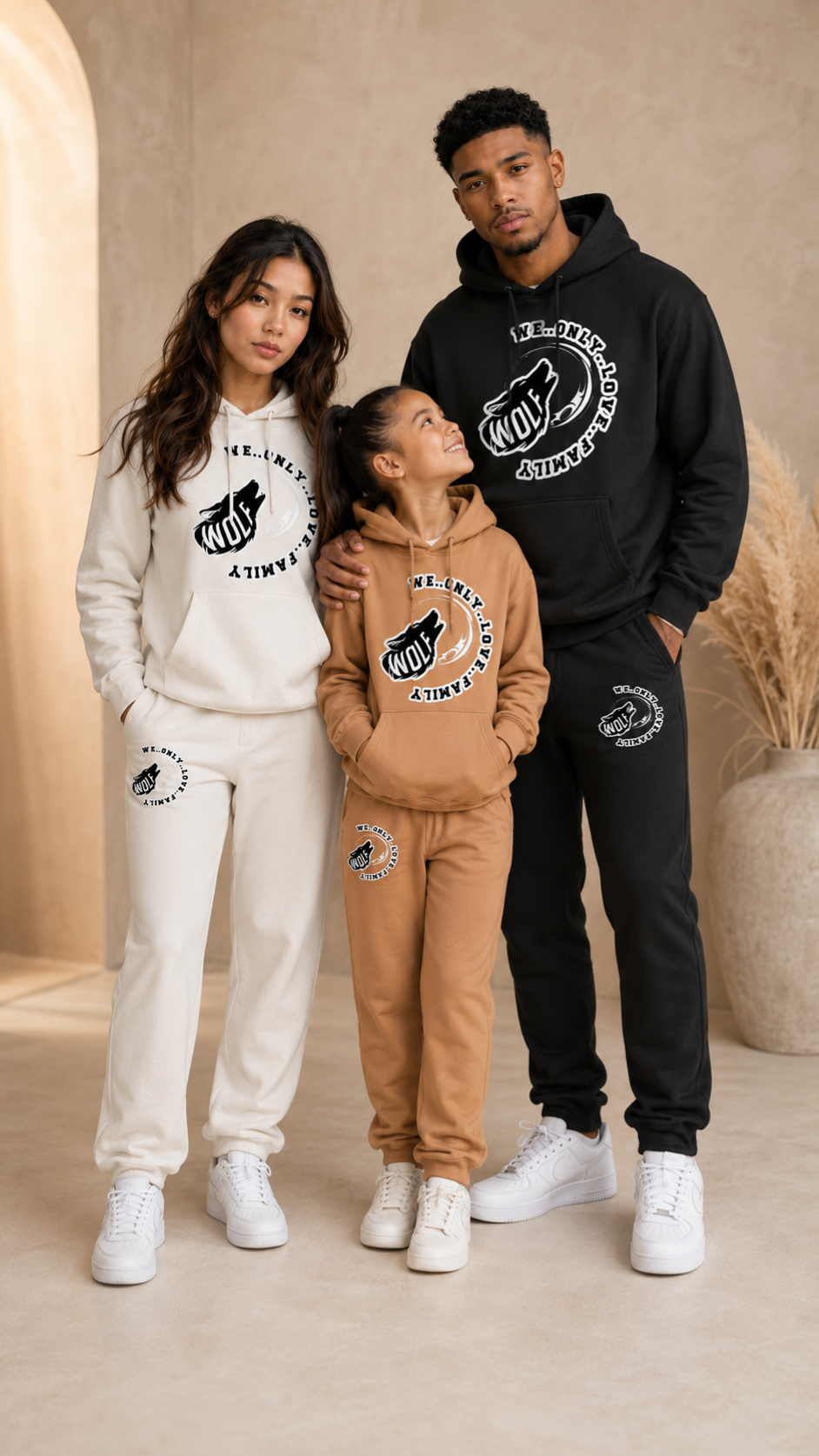 Family wearing matching hoodie and jogger sets from the WOLF Collection by Royal Reigns Design.