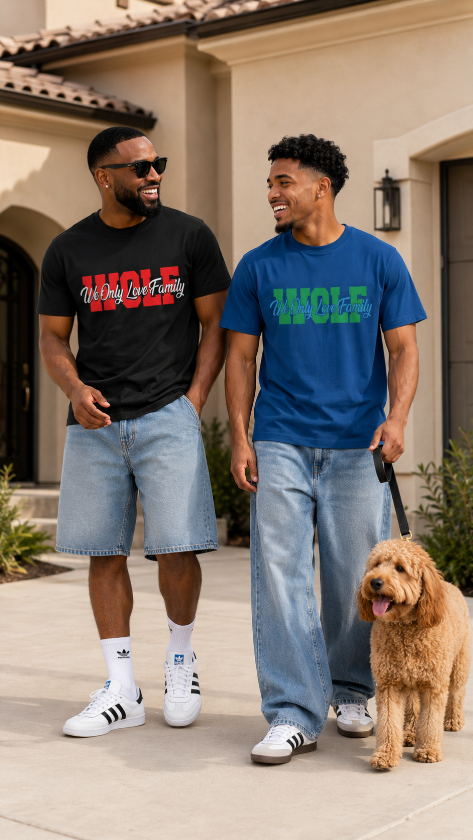 Two men standing outdoors with a dog, wearing branded WOLF t-shirts.